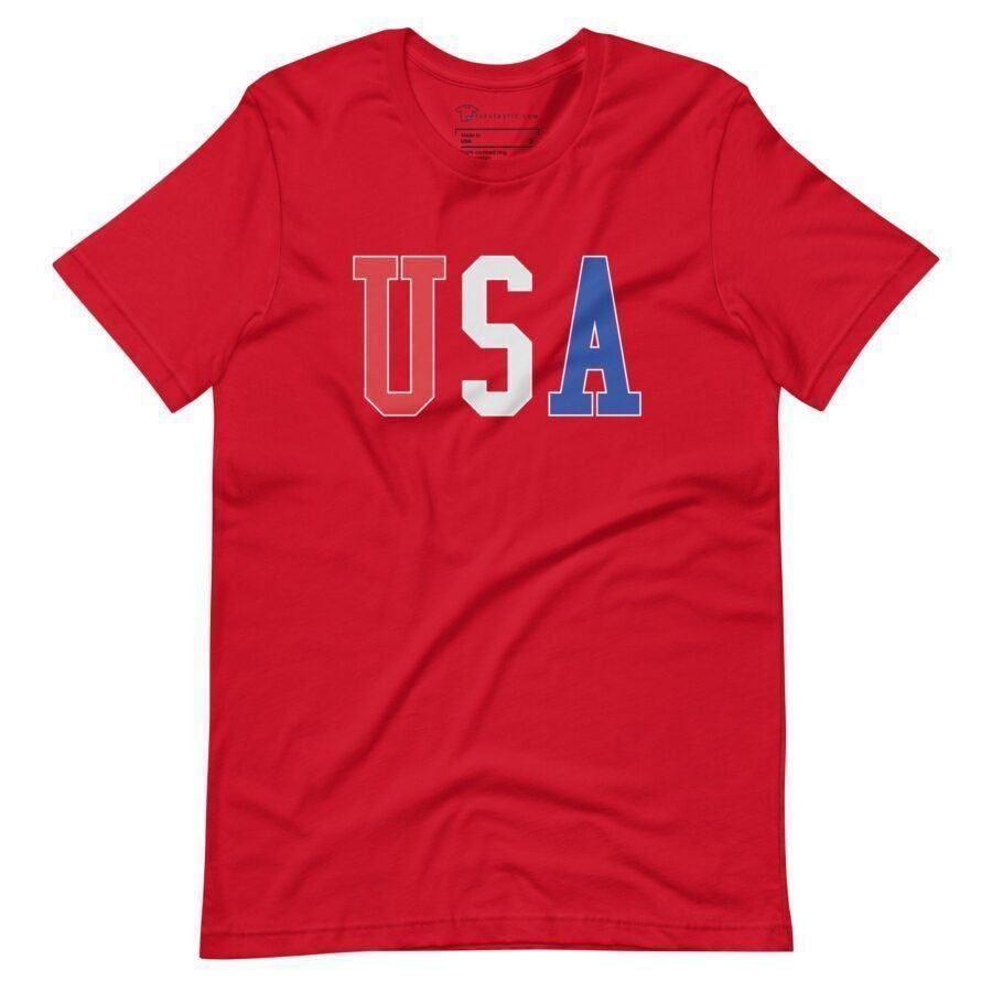 Red unisex USA | Elections 2024 T-shirt, featuring bold "USA" text on the front with the letters: "U" in white and "S" and "A" in blue. Perfect for showing your patriotic spirit during Elections 2024.