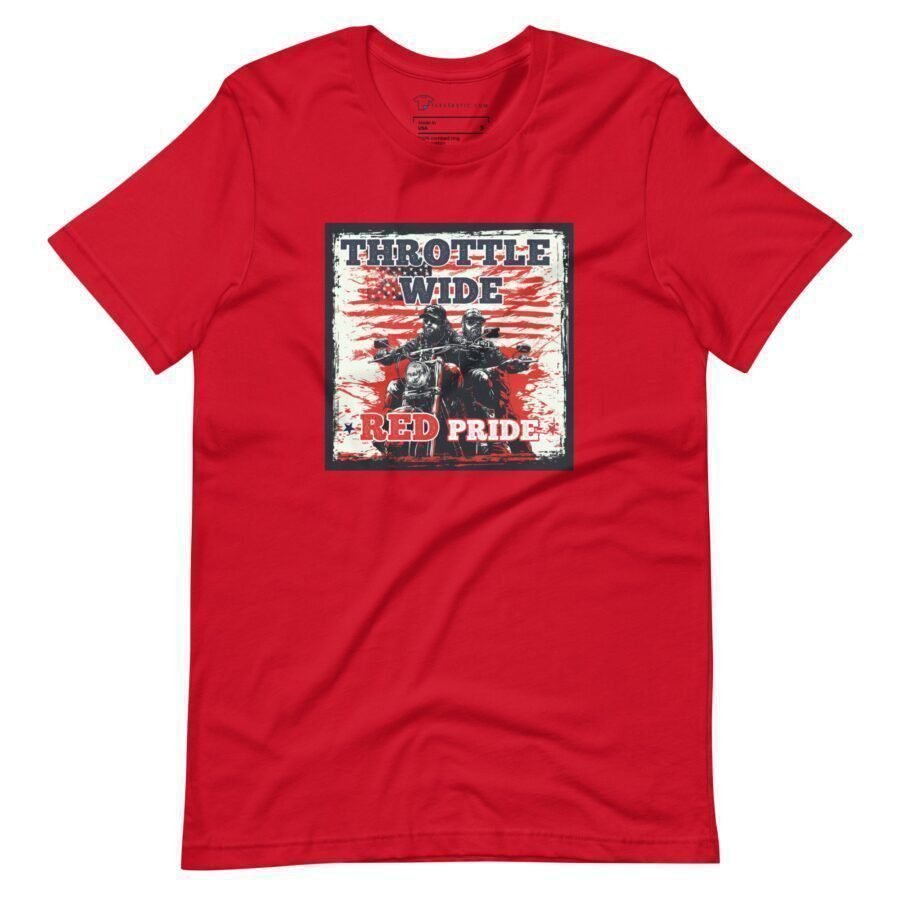 Throttle Wide Red Pride Unisex t-shirt: This red t-shirt showcases a bold graphic print with the words "THROTTLE WIDE RED PRIDE" above an image of motorcyclists, all set against a vibrant red and white backdrop—an ideal statement piece for Elections 2024.