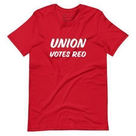 A unisex t-shirt named "Unions Votes Red | Elections 2024" featuring bold white text that says "UNION VOTES RED" on a red background, ideal for demonstrating your support in Elections 2024.