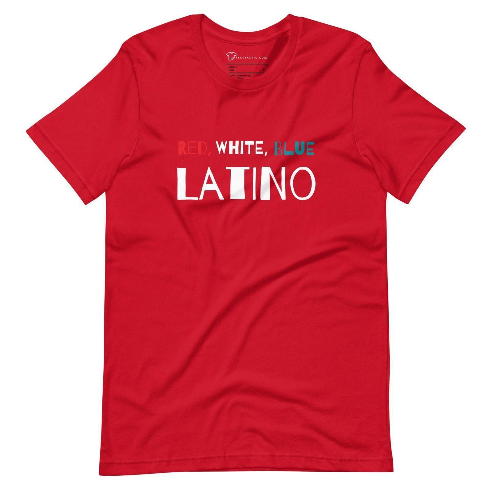 A red unisex T-shirt with "RED, WHITE, BLUE" written above "LATINO" in vibrant mixed colors—perfect for showing your pride during Elections 2024.