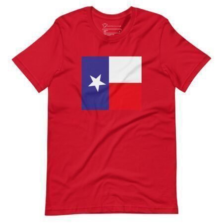 Show off your pride with the Star Flag design featured on the Yeah America 24 unisex t-shirt. This red shirt showcases the Texas state flag, complete with a blue vertical stripe containing a white star, and horizontal white and red stripes.