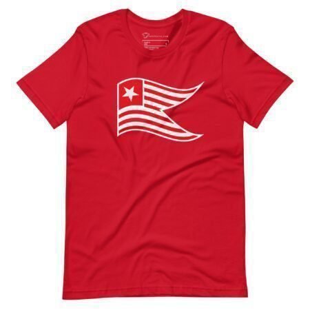 Show your spirit in the upcoming Elections 2024 with the Star and Stripes Red unisex t-shirt, featuring a stylized white flag design with a star and wavy stripes on the front.