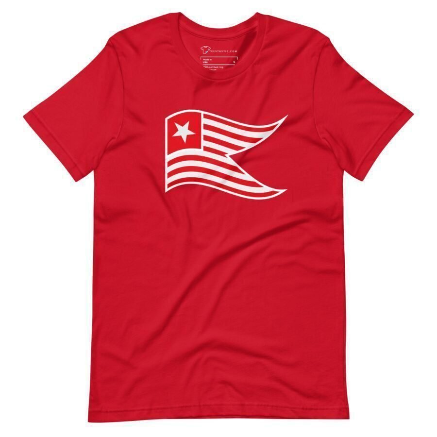 Show your spirit in the upcoming Elections 2024 with the Star and Stripes Red unisex t-shirt, featuring a stylized white flag design with a star and wavy stripes on the front.