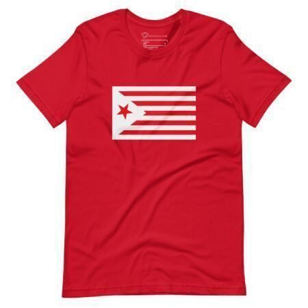 The Star and Stripes Red | Elections 2024 | Unisex t-shirt showcases a white graphic of a stylized flag with a star and five horizontal stripes, making it perfect for showing your spirit during Elections 2024.