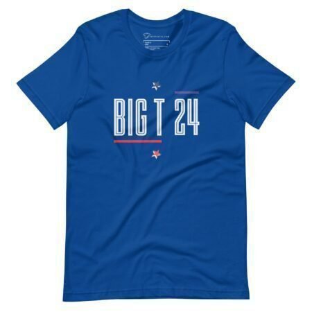 Wear your support with the BIG T | Election 2024 | Unisex T-shirt, featuring a blue base adorned with the text "BIG T 24" in white, highlighted by stars and red and blue horizontal lines, perfect for Election 2024.