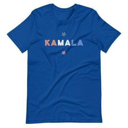 An Elections 2024 unisex t-shirt featuring "KAMALA" in multicolored letters across the chest, with small star graphics above and below the text on a blue background. Perfect for showing your support during Elections 2024.