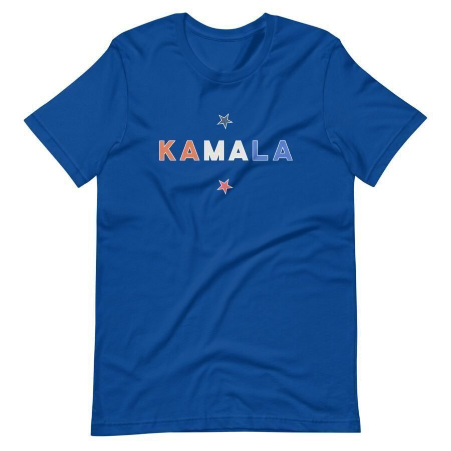 An Elections 2024 unisex t-shirt featuring "KAMALA" in multicolored letters across the chest, with small star graphics above and below the text on a blue background. Perfect for showing your support during Elections 2024.