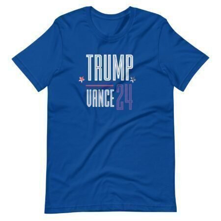 The "Trump Vance 24 | Elections 2024 | Unisex t-shirt" is a blue shirt featuring the text "Trump Vance 24" in white and purple letters, adorned with small stars, making it perfect for the upcoming Elections in 2024.