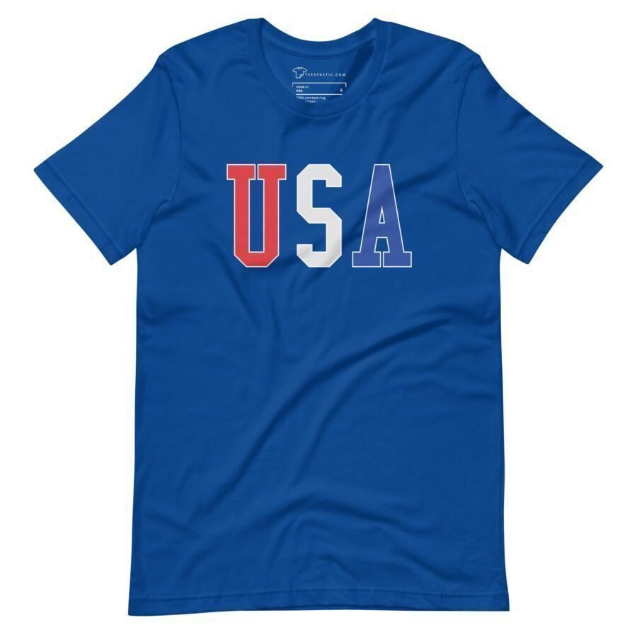 The USA | Elections 2024 | Unisex t-shirt features a blue design with the letters "USA" on the front, presenting the "U" in red, "S" in white, and "A" in blue—an ideal way to demonstrate your support for Elections 2024.