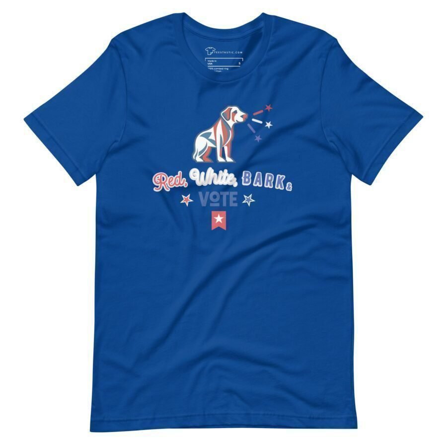 Introducing the "Red, White, Bark & Vote | Elections 2024" unisex t-shirt in blue, featuring a patriotic dog with stars and stripes and text that reads "Red, White, BARK. VOTE" in red, white, and blue. Perfect for showing your spirit during the Elections 2024.