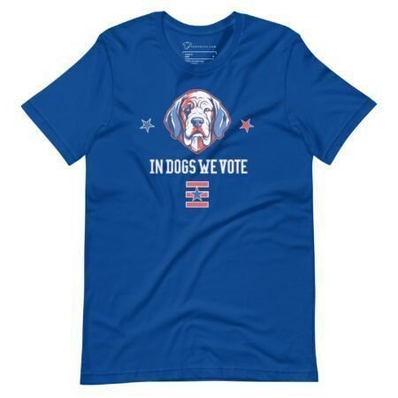 The "In Dogs We Vote | Elections 2024 | Unisex T-shirt" is a blue shirt that features an illustration of a dog, two stars, and the text "IN DOGS WE VOTE" in white. It's the perfect choice for this upcoming Elections 2024 season.