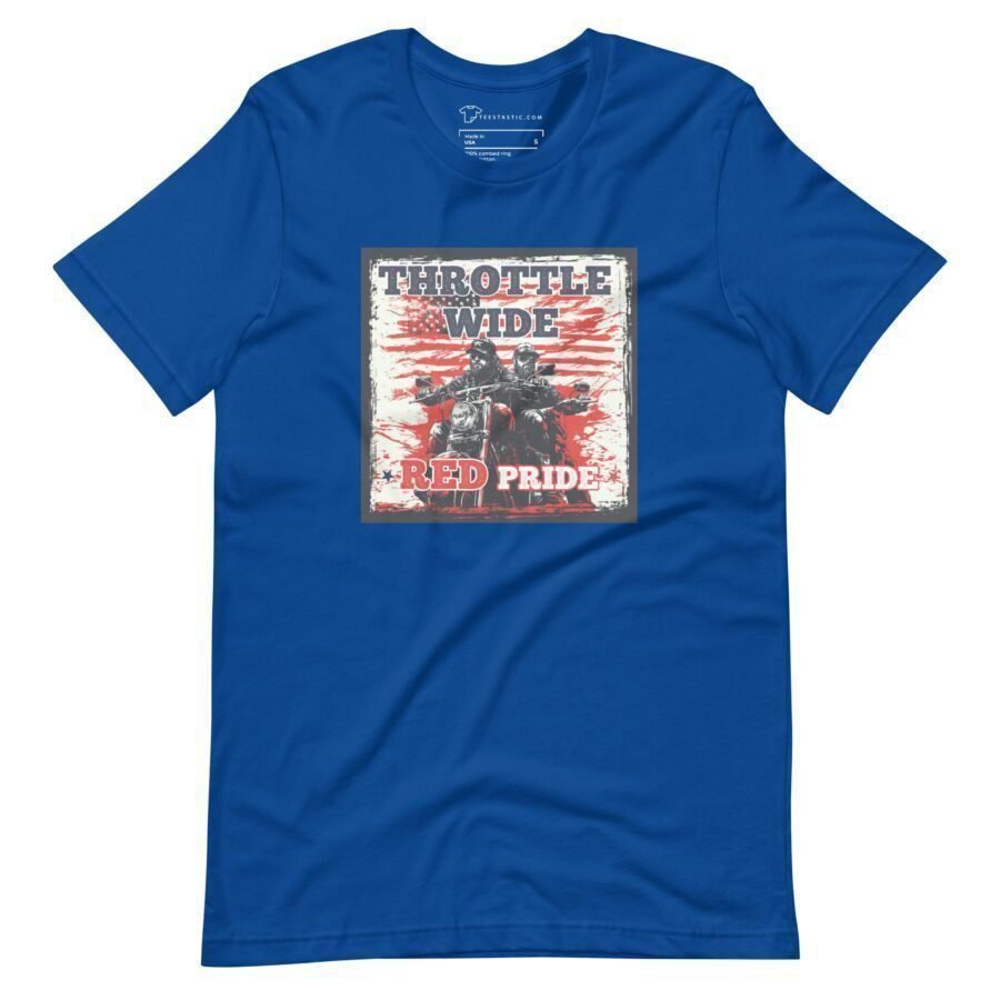 A blue unisex t-shirt named "Throttle Wide Red Pride | Elections 2024" showcasing a graphic with the text "Throttle Wide Red Pride" at the top and two figures standing against a red and white background. Perfect for flaunting your spirit ahead of Elections 2024.