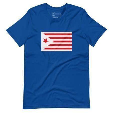 The Star and Stripes Red | Elections 2024 | Unisex t-shirt is a blue shirt featuring a rectangular graphic with red and white horizontal stripes, topped off with a red star in the upper left corner, making it perfect for showing your spirit during Elections 2024.