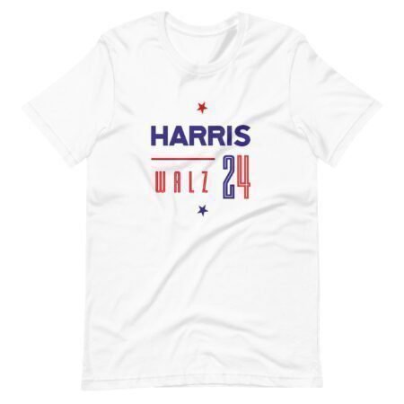 The KAMALA | WALTZ | Elections 2024 Unisex T-shirt features "Harris Walz 24" printed in bold red and blue text along with three small stars, styled to resemble a campaign design. It's the perfect way to show your support for the 2024 elections.