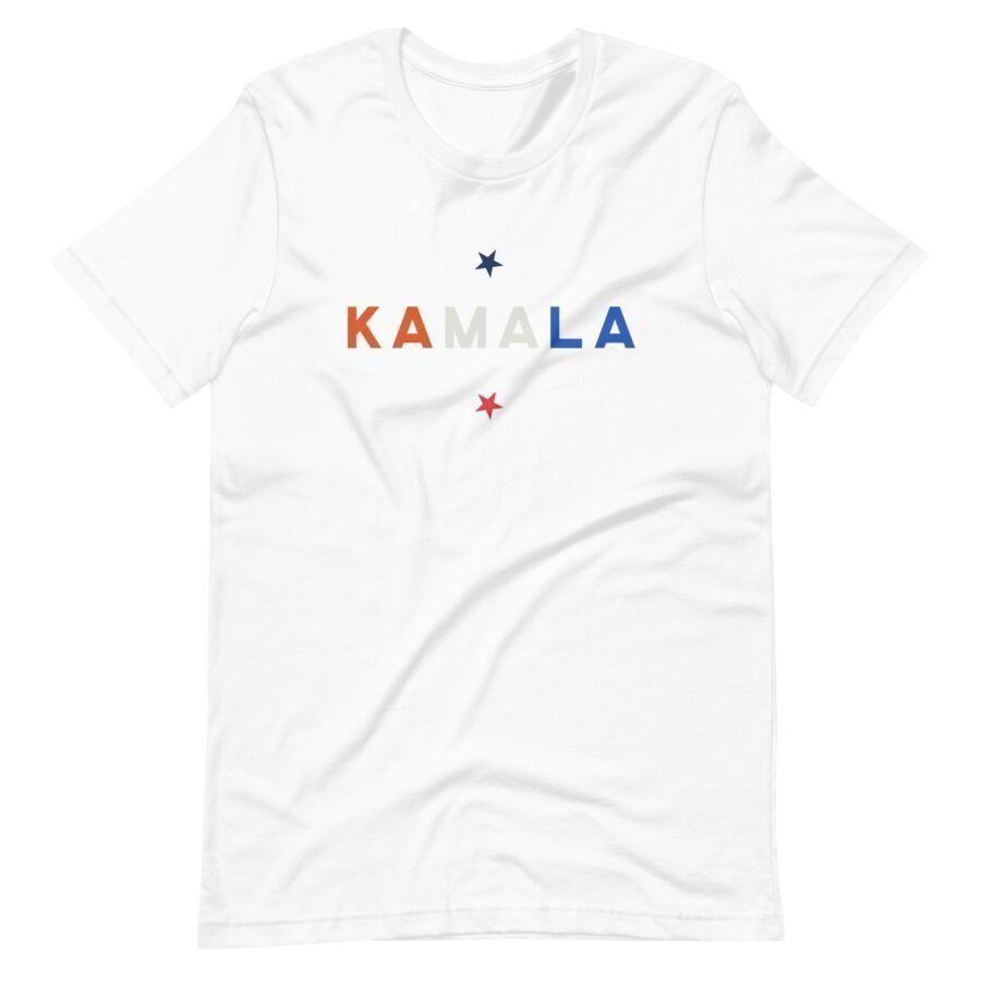 A unisex t-shirt named "KAMALA | Elections 2024" features the word "KAMALA" printed in bold capital letters with a mix of orange, black, and blue colors. It also includes two stars—one black and one red—strategically placed above and below the lettering, making it perfect for showing support during the 2024 elections.
