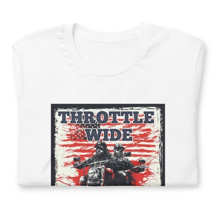 A folded t-shirt from our "Throttle Wide Red Pride | Elections 2024" collection, featuring a graphic of two motorcyclists with the text "THROTTLE WIDE" and a stylized American flag in the background. Perfect for making a statement as we head into Elections 2024.