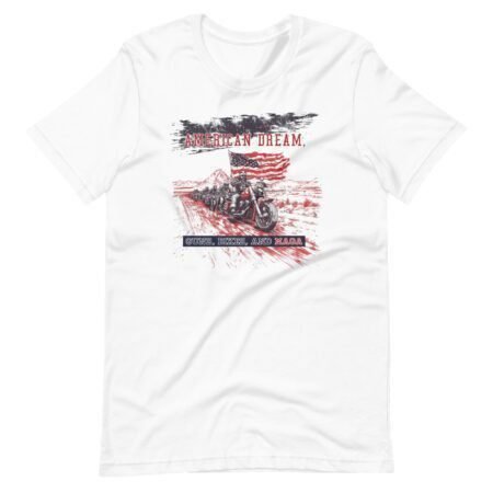 White t-shirt featuring a graphic of a motorcyclist waving an American flag, adorned with the text "AMERICAN DREAM" and "WORK, REST, AND RIDE" in a creative font. Ideal for those who embrace the open road and the American dream, this shirt is part of our American Dream | Guns, Bikes & MAGA | Unisex collection.