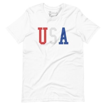 Unisex T-shirt featuring "USA" in red, white, and blue letters on the front, perfect for showcasing your patriotic spirit during Elections 2024.