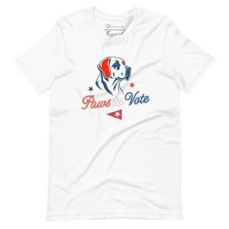 Sport your support for Elections 2024 with the "Paws to Vote" Unisex T-shirt, adorned with a graphic of a dog's head, text reading "Paws to Vote," and small red and blue stars.