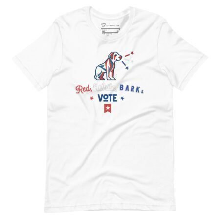 The "Red, White, Bark & Vote | Elections 2024 | Unisex t-shirt" is a white garment showcasing an illustration of a dog adorned with an American flag pattern and the text "Red, White, BARK & VOTE" in red and blue. It's the ideal choice for demonstrating your patriotic spirit during Elections 2024.