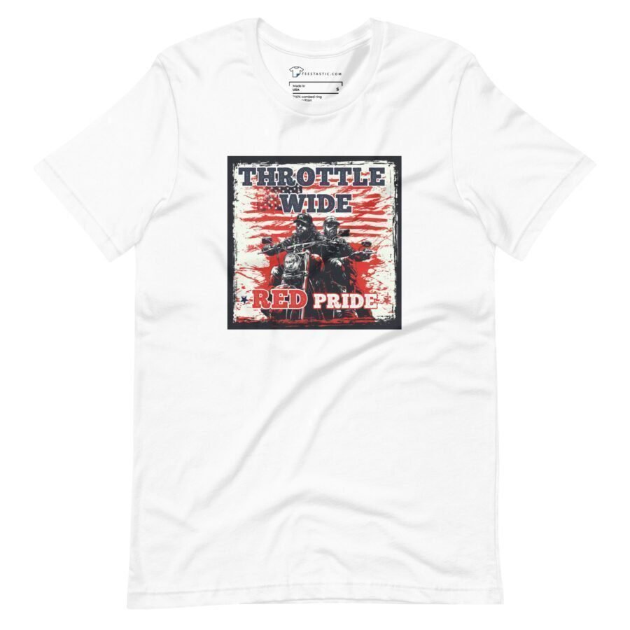 Check out the Throttle Wide Red Pride Unisex t-shirt, designed for Elections 2024. It features a graphic of a motorcyclist with an American flag and the text "Throttle Wide" and "Red Pride," making it perfect for showing your spirit.