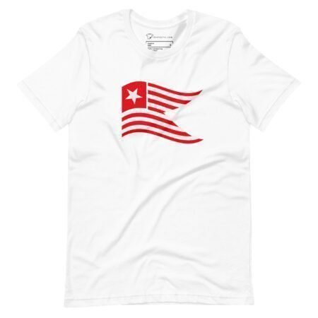 Our Star and Stripes Red | Elections 2024 | Unisex t-shirt is a white tee featuring a red graphic of a stylized flag with a star in the top left corner and wavy lines extending to the right, perfect for showing your support during Elections 2024.