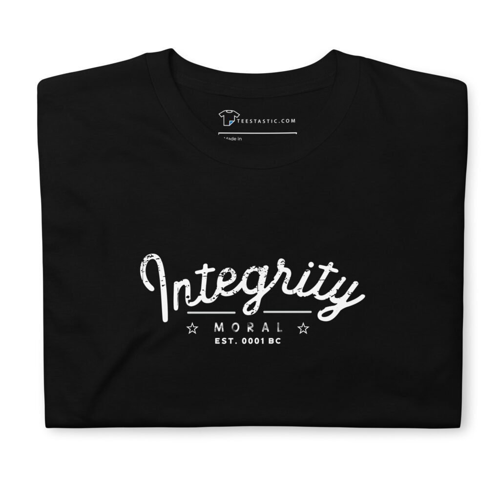 Product Name: Integrity | Short-Sleeve Unisex T-Shirt

Unisex black short-sleeve T-shirt featuring white text that reads, "Integrity, Moral, Est. 0001 BC," with a small star flanking each side of the word "Moral.