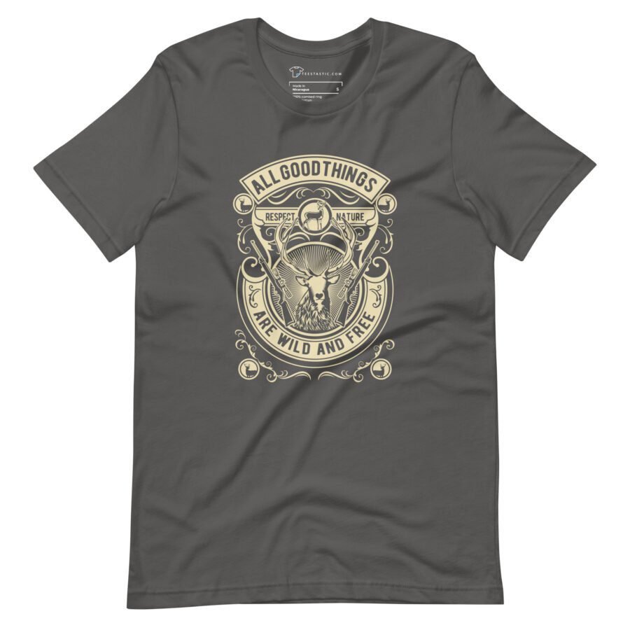 The "All Good Things Are Wild And Free" Unisex Heavy Cotton Tee in gray showcases a lion illustration accompanied by the phrases "All good things are wild and free" and "Respect Nature" in decorative fonts.