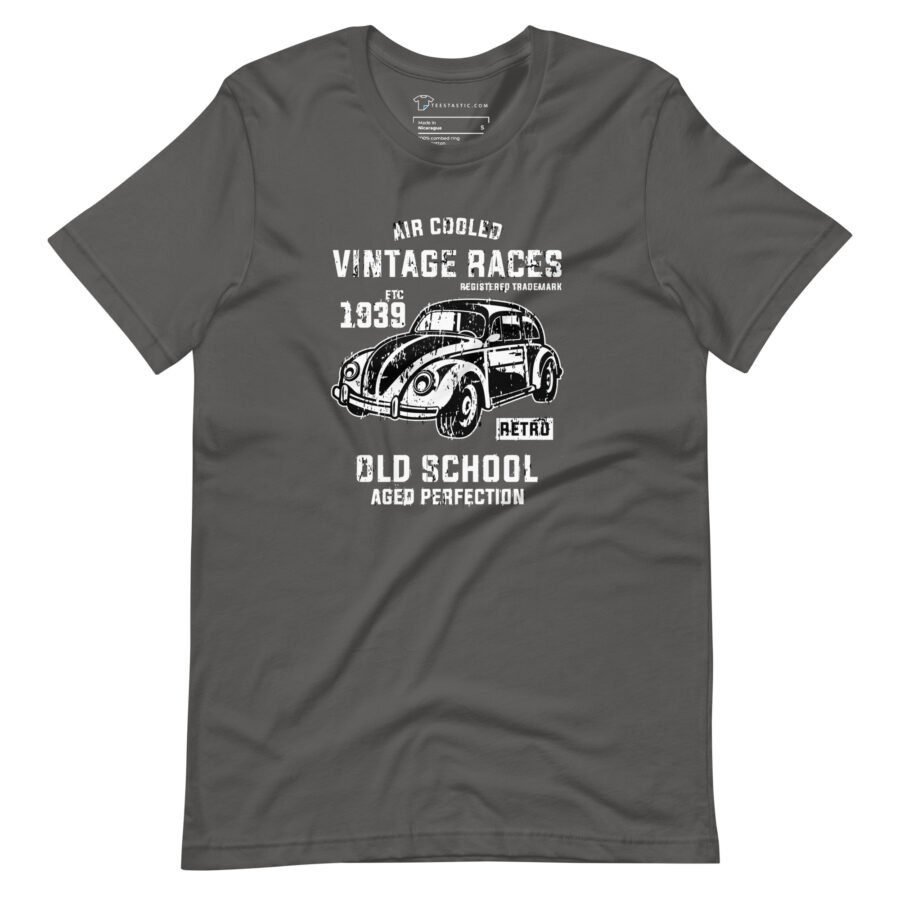 Gray T-shirt featuring a vintage car graphic and text that reads "Air Cooled VW Retro Races 1939 Old School Aged Perfection." This unisex heavy cotton tee from the Air Cooled VW | Old School collection offers the perfect blend of style.