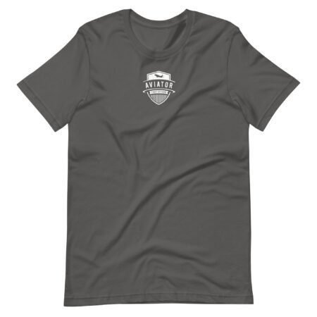 A dark gray unisex T-shirt featuring a small white "Aviator" logo and "737 Jet" text on the upper chest area, named "Aviator First Officer / 737 Jet.