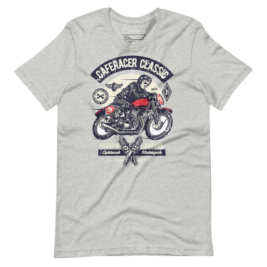 Product Description: The Cafe-Racer Classic | Unisex Heavy Cotton Tee features a striking graphic of a biker on a red cafe racer motorcycle. The design includes the text "Café Racer Classic" along with tools and garage-related symbols, making it perfect for enthusiasts.