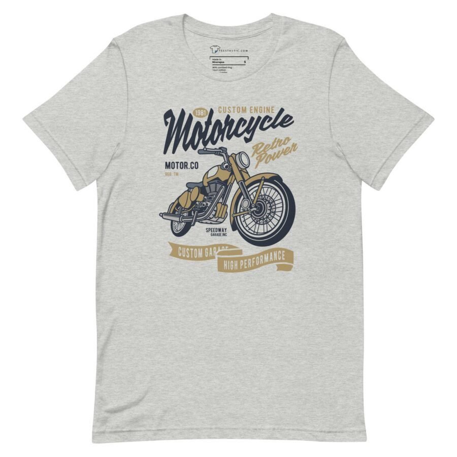 Gray T-shirt featuring a vintage motorcycle graphic with text reading "Custom Engine Motorcycle," "Retro Power," and "High Performance Custom Garage," available under the product name Motocycle Retro Power.