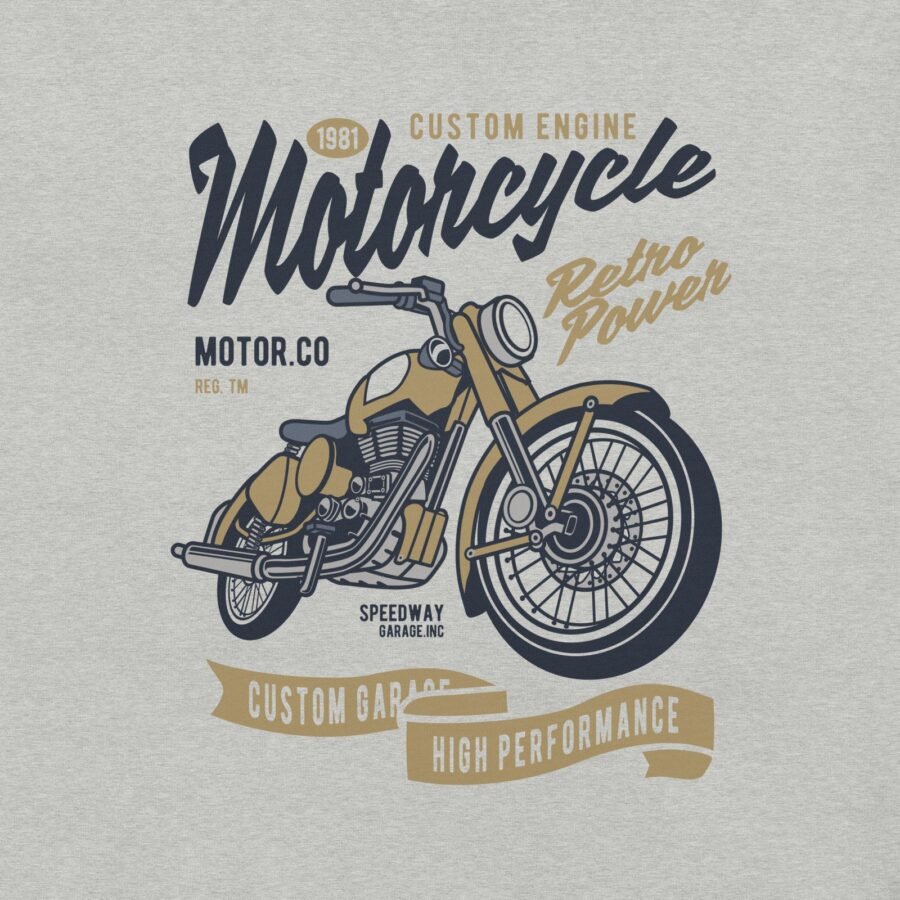 Illustration of a retro motorcycle with text: "MOTORCYCLE RETRO POWER", "MOTOR.CO", "SPEEDWAY GARAGE INC", "CUSTOM GARAGE," and "HIGH PERFORMANCE".