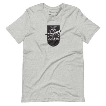 Gray short-sleeve unisex T-shirt featuring a black and white graphic with an airplane and text reading "Retired Aviator" on the front, perfect for any aviation pioneer.