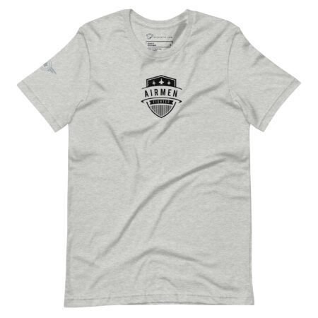 Gray Airmen Fighter Unisex T-shirt with a black logo featuring stars and a shield on the front, complete with a small emblem on the right sleeve.