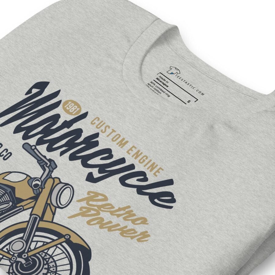 Motocycle Retro Power gray T-shirt showcasing a vintage motorcycle graphic and the text "1884 Custom Engine, Retro Power." The shirt label includes washing instructions and the brand "Pixfantastic.