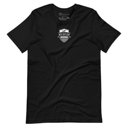 A black Aviator Captain Jet Badge Short-Sleeve Unisex T-Shirt featuring a small white logo with a plane silhouette and "Resupply" text on the chest.