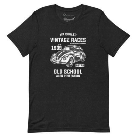 A black "Air Cooled VW | Old School" Unisex Heavy Cotton Tee adorned with a white graphic featuring a vintage car and text that reads "Air Cooled Vintage Races," "1939," "Retro," "Old School," and "Aged Perfection.