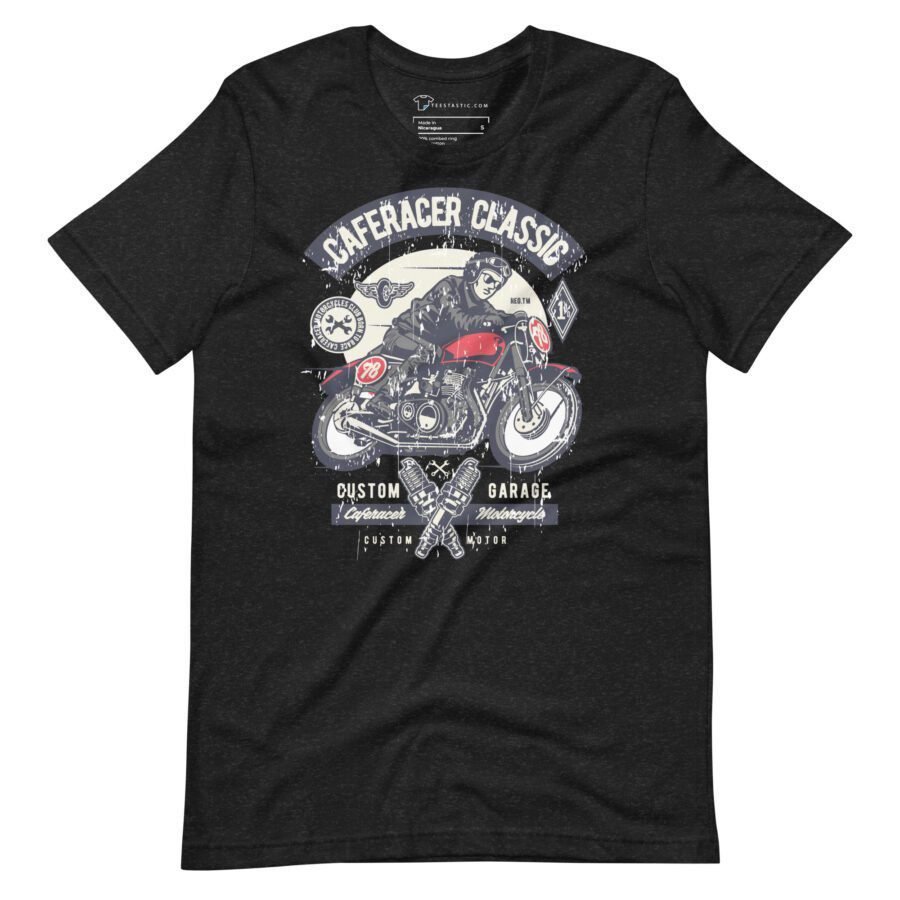 Black Cafe-Racer Classic Unisex Heavy Cotton Tee, featuring a graphic design of a rider on a vintage motorcycle with text "Café Racer Classic," "Custom Garage," and various motorcycle-related elements and symbols.