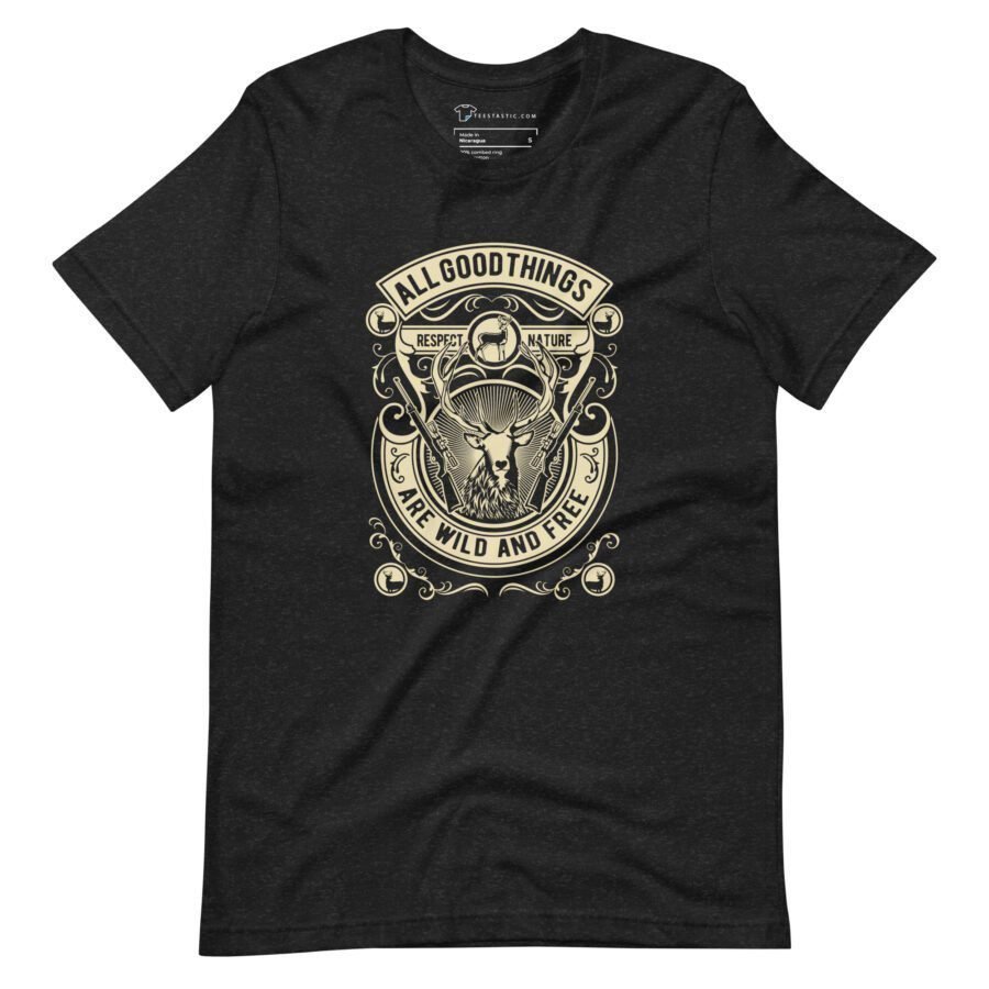 All Good Things Are Wild And Free Unisex Heavy Cotton Tee featuring a ram's head surrounded by ornate details and the text "All Good Things Are Wild and Free" and "Respect Nature".