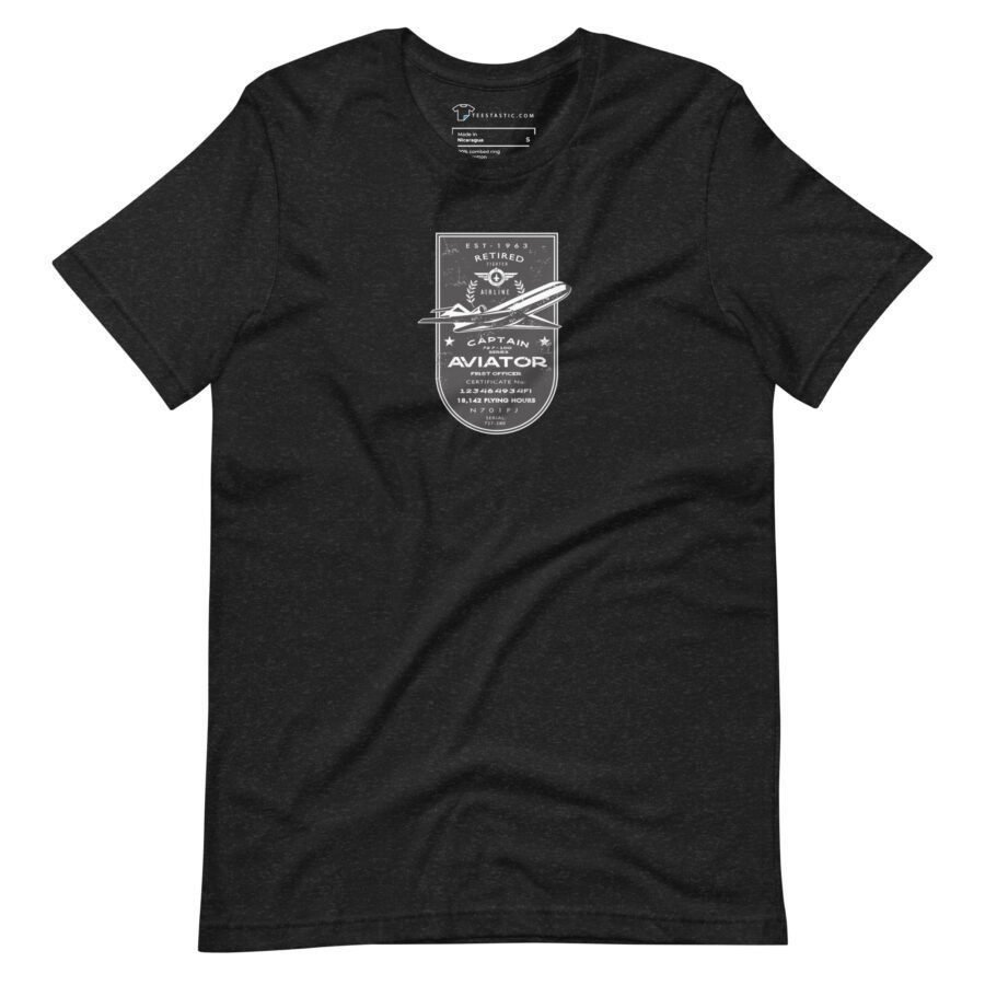 Pioneer unisex T-shirt featuring a white graphic design of an Airline Jet 727 with the phrase "Retired Aviator" along with some other text and decorative elements.