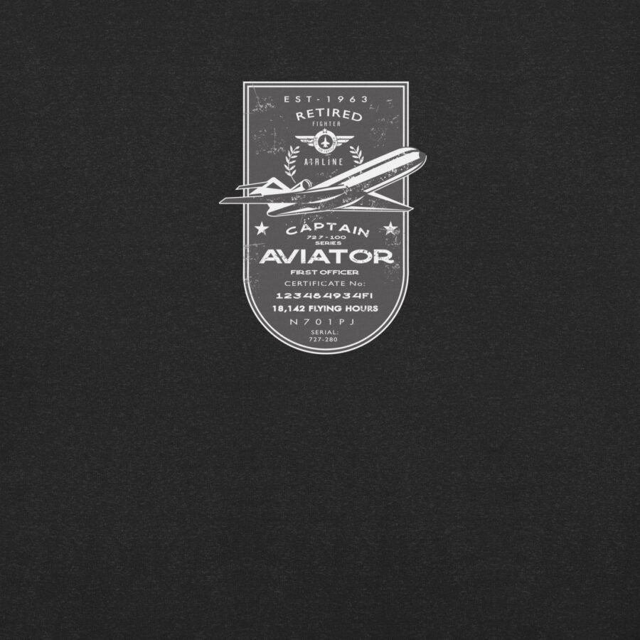 The "Pioneer | Airline Jet 727 | Retired Aviator | Unisex T-shirt" features a vintage pilot badge design with an airplane and text that reads "Est. 1963 Retired Airline," "Captain P. S. 2020 Aviator," along with other flight details, all set against a dark background. This T-shirt pays tribute to aviation pioneers and captures the classic essence of iconic airline jets like the 727.