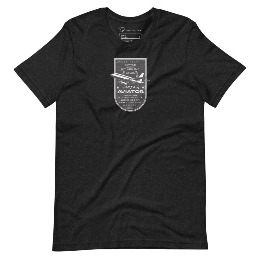 A unisex T-shirt from the Pioneer collection, featuring a centered graphic design of an Airline Jet 737 and text to honor a retired aviator captain.