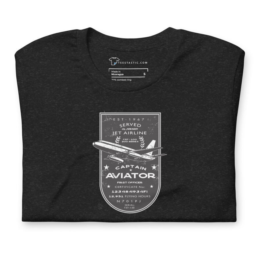 Black unisex t-shirt featuring a vintage-style print of an Airline Jet 737 with text celebrating a retired aviator's service and flying hours since 1967, called the Pioneer.