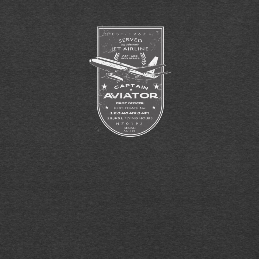 Vintage aviation-themed graphic featuring a plane, text reading: "Established 1967, Served Airline Jet 737, First Officer Certificate No. 123456789, 12,983 flying hours," set against a neutral-toned background on the Pioneer | Airline Jet 737 | Retired Aviator unisex T-shirt.