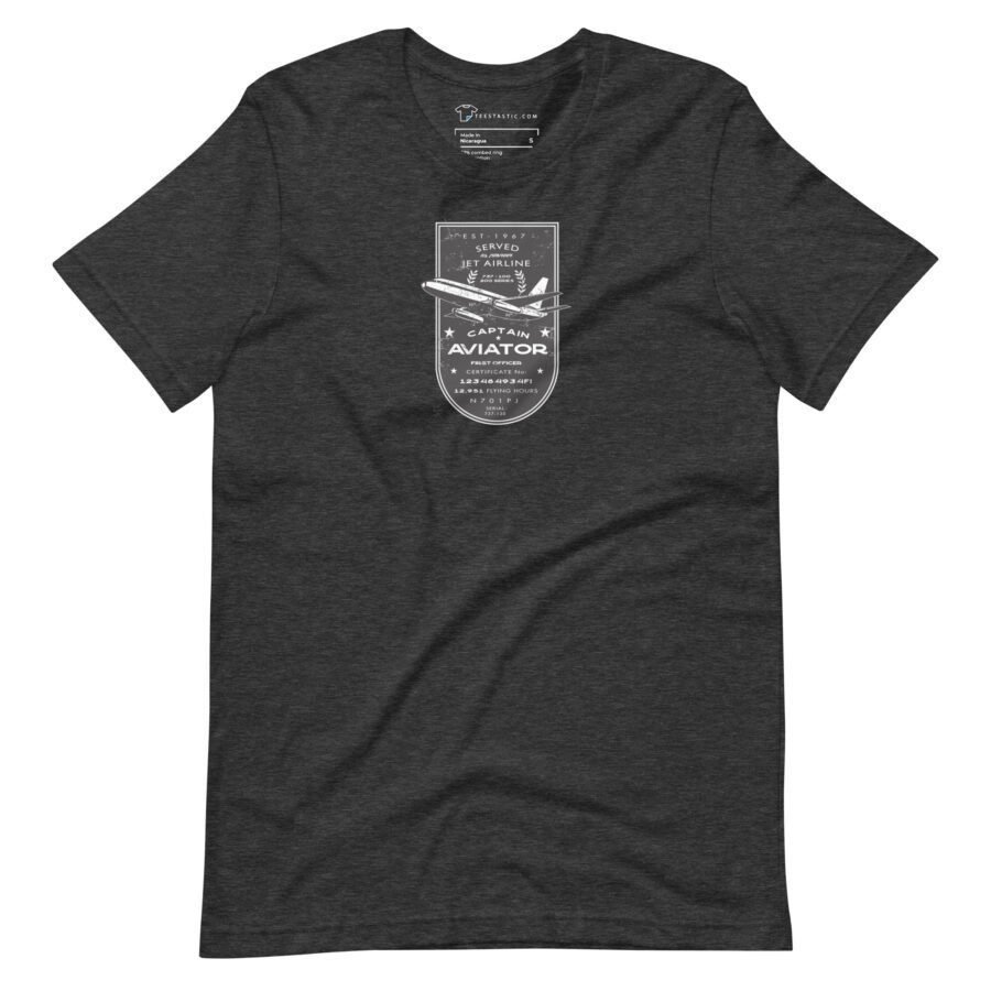 Introducing the Pioneer | Airline Jet 737 | Retired Aviator | Unisex T-shirt—a dark gray top adorned with a printed design that reads "I Never Asked to Ride in a Medevac," and "Captain Aviator," alongside an illustration of an Airline Jet 737. It's the perfect gift for the retired aviator in your life.