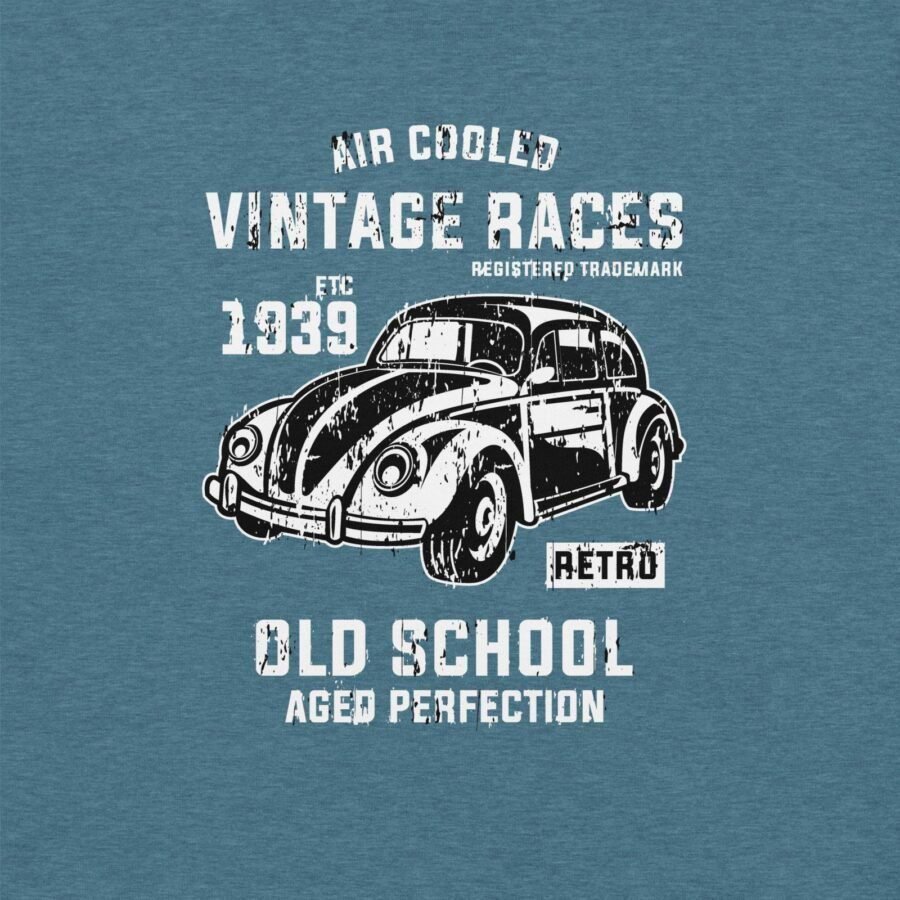 A unisex heavy cotton tee featuring a graphic design with a vintage car and text: "Air Cooled VW Vintage Races," "EST. 1939," "Old School Aged Perfection," and "Retro" on a blue background.