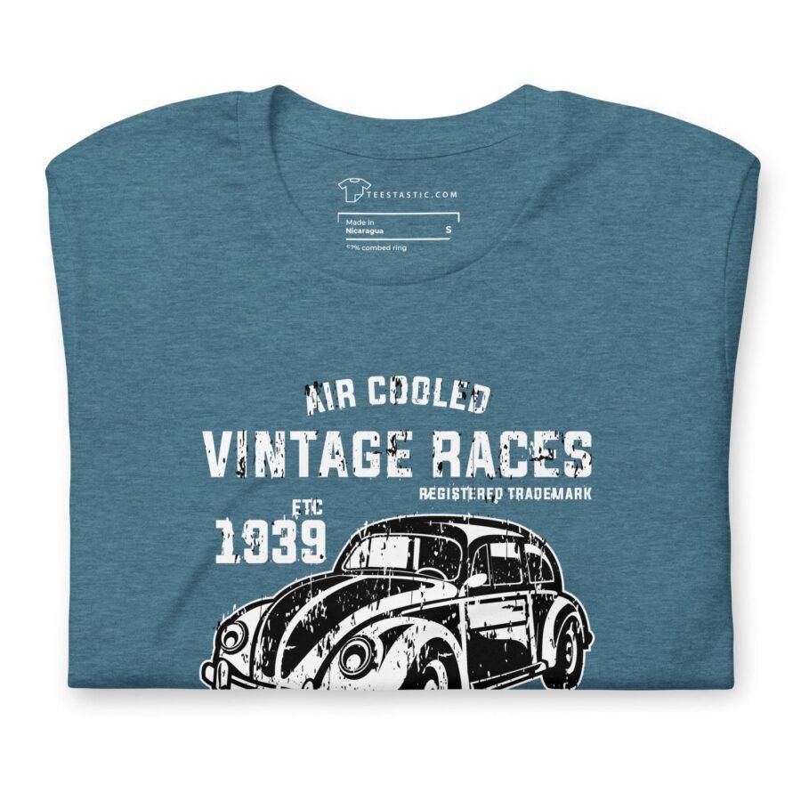 The Air Cooled VW | Old School | Unisex Heavy Cotton Tee features a blue fabric adorned with a vintage car graphic and the distressed white text "Air Cooled Vintage Races" and "1939." This t-shirt exudes old school vibes, making it perfect for fans of classic air-cooled VW culture.