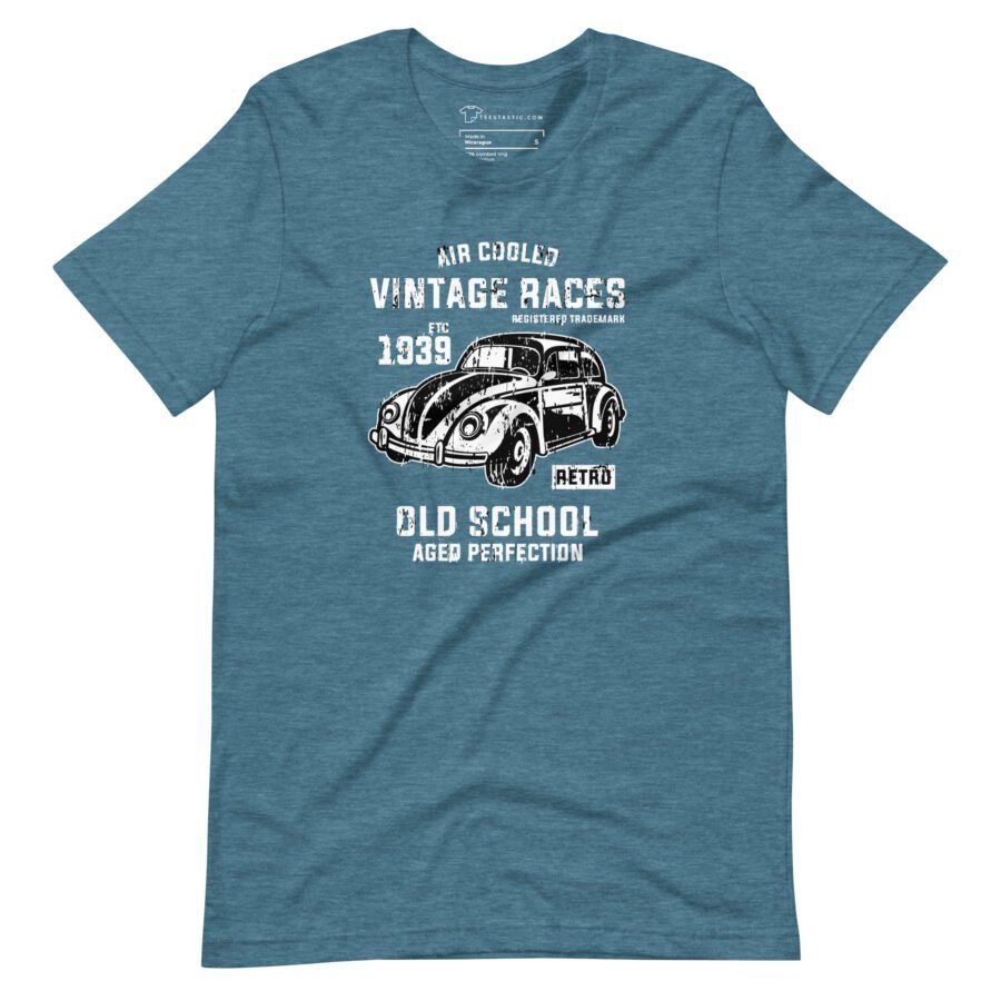 Air Cooled VW | Old School | Unisex Heavy Cotton Tee in blue, featuring a vintage car graphic and the text "Air Cooled Vintage Races Est 1939," "Old School," and "Aged Perfection." Perfect for fans of classic car culture and timeless style.