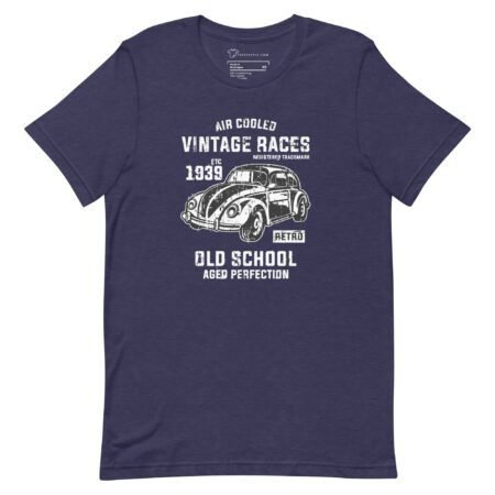 Navy blue unisex heavy cotton tee named "Air Cooled VW | Old School," featuring a vintage car graphic and text: "Air Cooled Vintage Races, 1939, Old School, Aged Perfection.